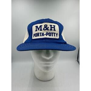 Vtg M & H Porta-Potty Trucker Hat Patch Blue White Snapback Patch Mesh Cap